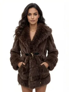 Women’s Mink & Fox Faux Fur Coat with V Neck Collar Belt Thick Warm Winter Jacket Long Sleeves