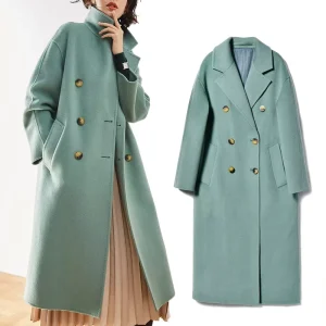 Women’s Mint Green Double Breasted Long Wool Coat Notched Lapel Loose Fit Midaxi Overcoat With Pockets
