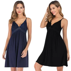 Women’s Modal Cotton Lace Elastic Waist Breathable Knee Length Lingerie Nightgown Sleepwear Dress Home Lounge Wear