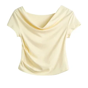 Women’s Modal Draped Large Round Neck Off Shoulder Regular Shoulder Short Sleeve T-Shirt, Pure & Sexy Slim Fit Custom Top