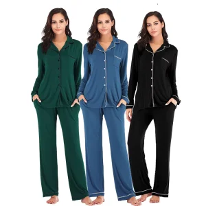 Women’s Modal Long Sleeve Shirt and Full Length Bottom Pajama Set Multi Solid Color Soft Sleepwear