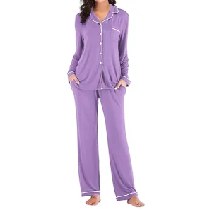 Women’s Modal Loungewear Set Long Sleeve Button Down Top with Pockets & Comfortable Pants Soft Home Wear