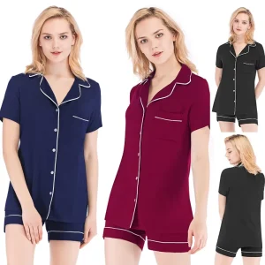 Women’s Modal Pajamas Set Button Down Short Sleeve Top and Elastic Waist Shorts 2 Piece Summer Sleepwear and Loungewear