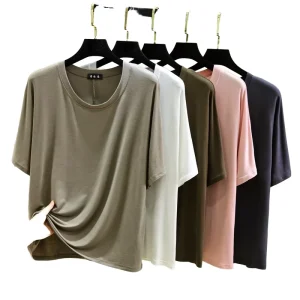 Women’s Modal Solid T Shirt Round Neck Short Sleeve Summer Casual Top Thin Loose Oversized Home Clothing