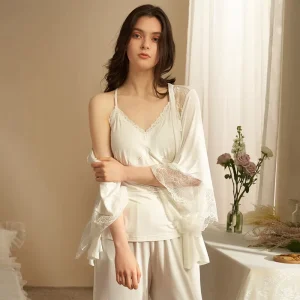 Women’s Modal Three Piece Pajama Set Lace Trim Cami Top Pants and Robe Soft Breathable Elegant Loungewear for Ladies