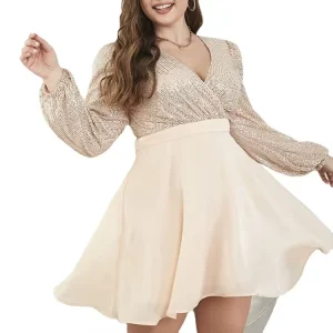 Women’s Modern Ball Gown Sequin Glitter Long Sleeve V Neck Sexy Cocktail Party Club Dress