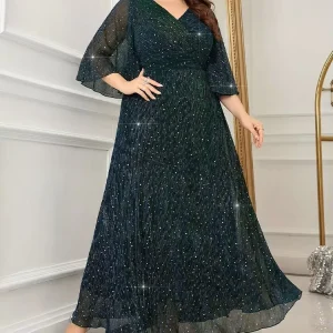 Women’s Modern Ball Gown Sequin Glitter Short Sleeve V Neck Sexy Cocktail Party Club Dress