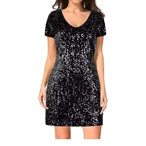 Women’s Modern Candy Color Sequin Glitter Short Sleeve Sexy V Neck Mini Party Club Bodycon Dress