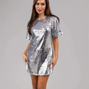 Women’s Modern Candy Color Sequin Glitter Short Sleeve V Neck Loose Party Club Mini Dress