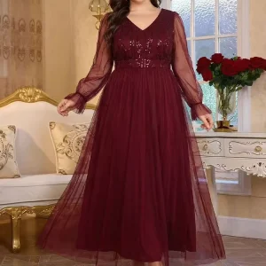 Women’s Modern Sequin Glitter High Waist Floor Length Long Sleeve V Neck Ball Gown Sexy Cocktail Party Club Dress