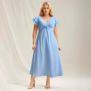 Women’s Modest Summer Party Dress Plus Size XL to 5XL Twisted Knot Front V Neck Ruffle Sleeve with Pockets