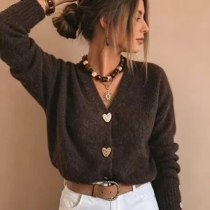 Women’s Mohair Look Knit Cardigan Autumn Winter V Neck Long Sleeve Sweater with Gold Heart Buttons 100% Polyester Jumper
