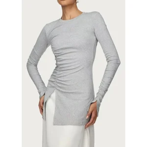 Women’s Muslim Asymmetric Side Slit Top, Elegant Ruched Sleeves, O-Neck, A-Line Slim Fit Cotton/Spandex Knit, High Quality Summer