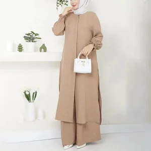 Women’s Muslim Spring Casual Loose 2 Piece Set Vintage Solid Color Top Wide Leg Pants Suit Elegant Arabian Robe Polyester Long