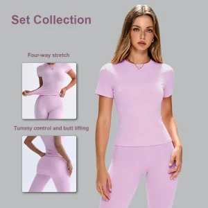 Women’s Naked Feel Yoga Set High Stretch Gym Fitness Legging & Fitness Short Sleeves 2Piece Activewear Set