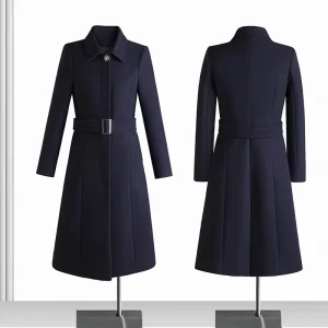 Women’s Navy Blue Woolen Coat Fall Winter Professional Dress Long Jacket Simple Waist Temperament Thickened Overalls