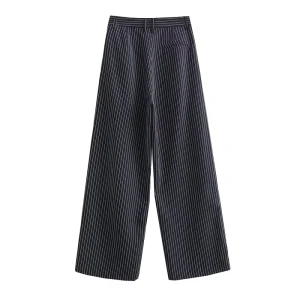 Women’s Navy Zipper Fly Casual Office Pants with Pleated Striped Print Woven Fabric Breathable Mid Waist for Autumn Season