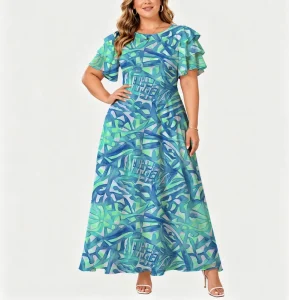 Women’s Neck Dress Summer Vacation Style Sweet Design Three Layer Cuffs Floor Length Dress