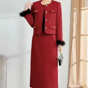 Women’s New A-Line Two-Piece Plaid Dress for Autumn and Winter Lady Small Fragrant Wind Natural Waistline for Adults