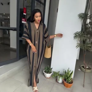 Women’s New African Kafan V neck Black Grey Contrast Vertical Stripe Loose Robe Large Lazy Home Casual Dress