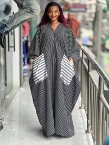 Women’s New African Kafotan Black and White Vertical Striped Loose Robe V neck Bat Sleeve Large Size Dress