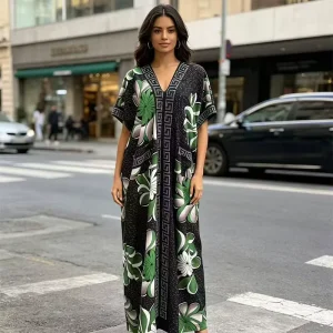 Women’s New African Kraft Tan Green and White Flower Printed Large Robe Loose V neck Bat Sleeve Daily Casual Dress