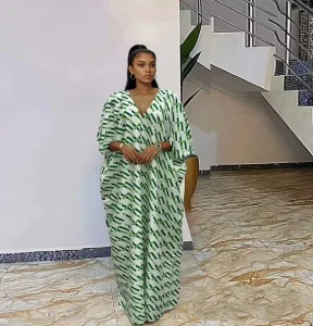 Women’s New African Kraft Tan Green and White Geometric Print V neck Bat Sleeve Large Robe Casual Home Dress