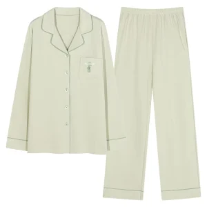 Women’s New Autumn Casual Home Clothes Suit 100% Cotton Outer Wearing Pajamas Solid Color Lapel Sleepwear in Chinese Style