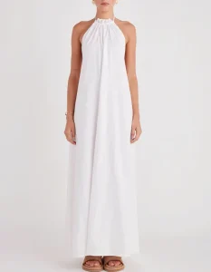 Women’s New Bohemian Sleeveless White Maxi Beach Dress Backless Halter Natural Waist Digital Printing Cotton Linen Dress