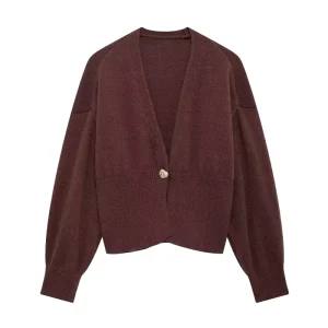 Women’s New Fashion Retro V neck Long sleeved Elegant Cardigan Sweater Winter Female Pullover Button Print