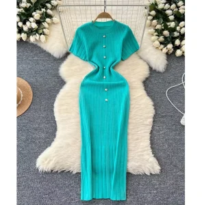 Women’s New Premium Round Neck Short Sleeve Slim French Knit Dresses