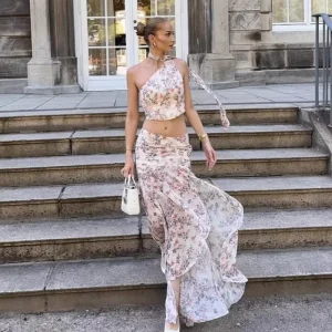 Women’s New Sexy Sloping Shoulder Short Top Irregular Floral Floor-Length Skirt High Waist Versatile Split A-Line Eco-Friendly