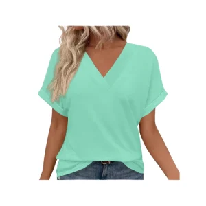 Women’s New Solid Color V neck Short Sleeved Regular Breathable Summer Casual Woven Polyester T shirt