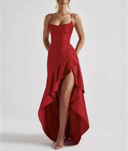 Women’s New Spring Fashion Celebrity Style Elegant Strapless Backless Ruffle Irregular Dress Gown Evening Dress Dress