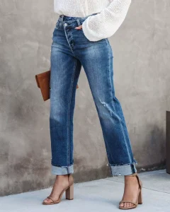 Women’s New Straight-Leg Denim Jeans Pants for Spring & Autumn Breathable Cotton Casual Washed Solid-Color Distressed Logo Waist