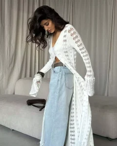 Women’s New Style Casual Cardigan Long Sleeve V Neck Solid Color Top Spring Hollow Knitted Cardigan Stacked Spice Girl Design