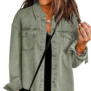 Women’s New Style Mid Length Denim Jacket for Autumn Winter Casual Lapel Top Frayed Edges Holes Solid Long Sleeved for Girls