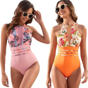 Women’s New Style One-Piece Floral Pattern Swimsuit XL Size Pressed Bar Mesh Sexy Swimwear Swimming Wear for Women