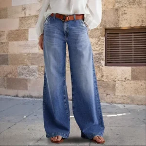 Women’s New Style Retro Wide Leg Jeans Solid Color Elastic Straight Leg Pants Casual Long Pants