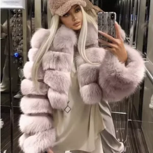 Women’s New Thick Warm Faux Fur Short Jacket with Zipper Closure and Lapel Collar for Winter