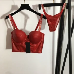 Women’s New Underwear Shiny Rhinestone Strap PU Leather Tube Top Bra and Triangle Panties