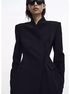 Women’s Noir Solid Woven Business Suit Jacket with Single Button Closure Elegant Style Blazers