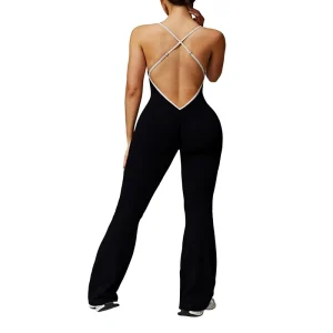 Women’s Nude Feel Sweat Wicking Seamless Crisscross Strap Back Yoga Full Length Flared Jumpsuit 3013