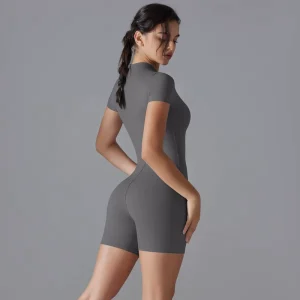 Women’s Nude Solid Color Seamless Spandex Nylon Sweat-Wicking Shorts Jumpsuit Short Sleeve Stand Collar Half-Open Zipper