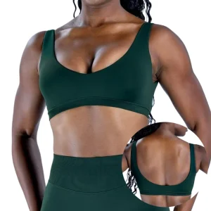 Women’s Nylon Blind Stitch Front V Neck Back U Cut High Stretch Backless Sports Bra Seamless Yoga Sports Bra