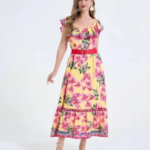 Women’s Nylon Bohemian Floral Print Midi Dress off Shoulder Ruffle Hem Belted Summer Beach Sundress