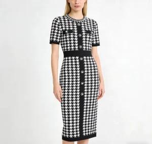 Women’s Nylon Casual Short-sleeved Maxi Sweater Dress Elegant Knitted Tight Skirt with Button Front