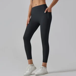 Women’s Nylon High Waist Leggings Soft Breathable Workout Sports Pants Pockets Custom Logo Solid Yoga Pants
