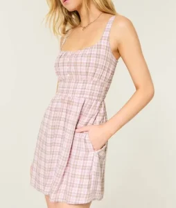 Women’s O Neck Casual Summer Breathable Woven Mini Dress with Natural Waist in Light Brown Plaid
