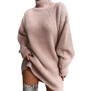 Women’s ODM Autumn Solid Thick Nylon Cotton Streetwear Loose Knitted Illusion Mock Neck Long Sleeve Midi Raglan Sleeve Sweater
